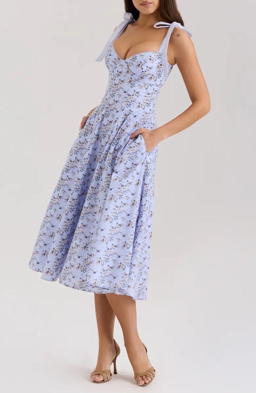House of CB Light Blue Floral Tie-Strap Midi Dress
